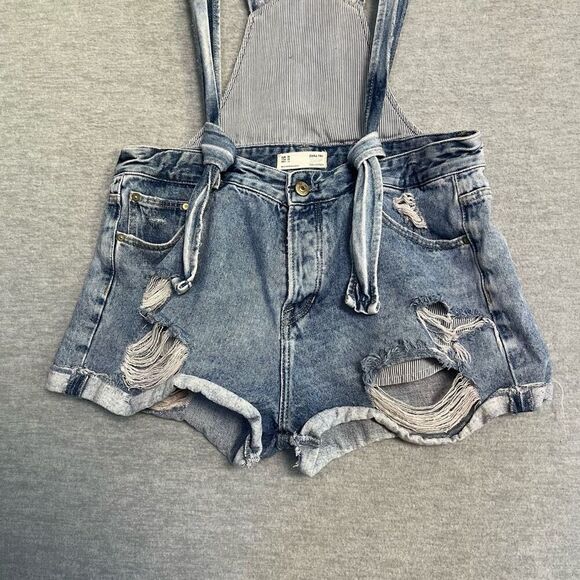 Zara Distressed Blue Denim Shortalls Size 6 Shorts Overalls Vintage Collection - Picture 3 of 13